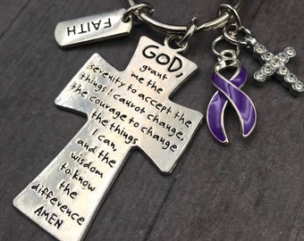 Purple Ribbon Serenity Prayer Keychain / Chronic Pain Spoonie / Crohn's Colitis / Fibromyalgia / Lupus / Pancreatic Cancer / Cystic Fibrosis
