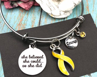 Yellow Ribbon Bracelet / Adenosarcoma, Bladder Cancer, Endometriosis, Ewing Sarcoma, Liver Cancer, Spina Bifida, Osteosarcoma - She Believed