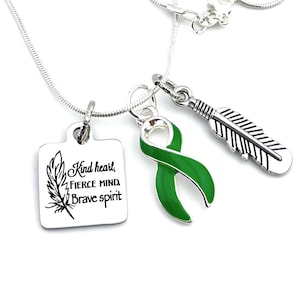 Green Ribbon Necklace - Liver / Adrenal Cancer Survivor Awareness / Cerebral Palsy / Mental Health / Muscular Dystrophy - Brave Spirit
