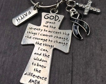 Black Ribbon Serenity Prayer Keychain / Melanoma Survivor Awareness / Skin Cancer/ Mourning