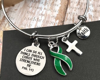 Green Ribbon Charm Bracelet / Phil 4:13 I Can Doo All Things Through Christ / Awareness Gift