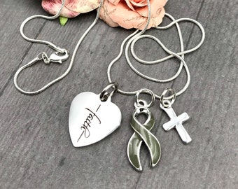 Gray Grey Ribbon Necklace / Brain Cancer Tumor Survivor Awareness / Diabetes / Aphasia - Faith Necklace