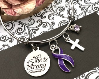 Purple Ribbon - She is Strong / Proverbs 34:25 - Pancreatic Cancer, Lupus, Cystic Fibrosis, Crohn's Awareness