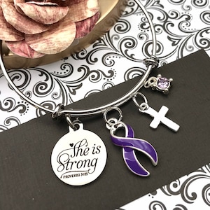 Purple Ribbon - She is Strong / Proverbs 34:25 - Pancreatic Cancer, Lupus, Cystic Fibrosis, Crohn's Awareness