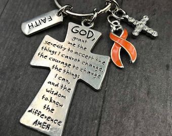 Orange Ribbon Keychain - Serenity Prayer - Multiple Sclerosis MS Awareness, Kidney Cancer, Leukemia, Prader-Willi Syndrome Awareness Gift