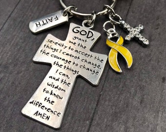 Yellow Ribbon Keychain / Osteosarcoma, Adenosarcoma, Bladder Liver Cancer, Spina Bifida, Sarcoma Awareness, Endometriosis - Serenity Prayer