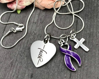 Purple Ribbon Necklace  - Pancreatic Cancer, Lupus, Epilepsy, Cystic Fibrosis Awareness, Crohn's Disease, Fibromyalgia - Faith Necklace