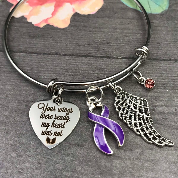 Purple Ribbon Memorial Bracelet - Your Wings Were Ready - Pancreatic Cancer, Cystic Fibrosis, Rett Syndrome, Sarcoidosis - Sympathy Gift