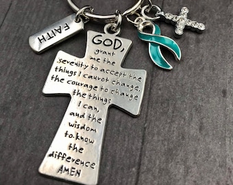 Teal Ribbon Keychain / Ovarian Cancer, PTSD, Scleroderma, Polycystic Kidney, Myathenia Gravis, Anxiety - Serenity Prayer Keychain Gift