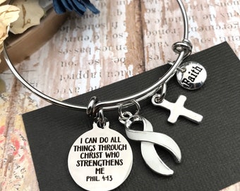 Pulsera de encanto de cinta blanca / Puedo hacer todas las cosas a través de Cristo Phil 4:13 / Sobreviviente de Conciencia del Cáncer de Pulmón / Mesotelioma / Emphysema