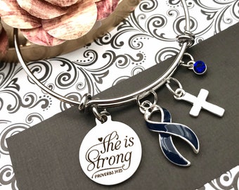 She is Strong / Dark Navy Blue Ribbon Bracelet /  - Colon Colorectal Cancer Survivor Jewelery / Chronic Illness Awareness Gift