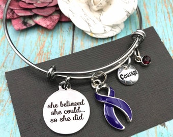 Violet Purple Ribbon Charm Bracelet / She Believed She Could / Hodgkin's Lymphoma Survivor Awareness Bracelet / Cancer Survivor