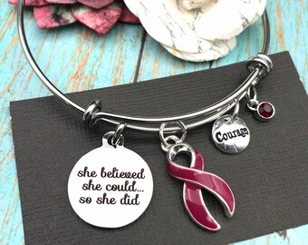 Burgundy Ribbon Charm Bracelet / Multiple Myeloma, Hemachromatosis, Thrombophilia, Antiphospholipid Syndrome - She Believed She Could So Did