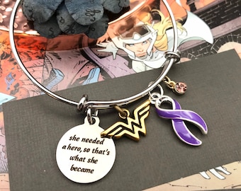 Purple Ribbon - She Needed a Hero So That's What She Became Charm Bracelet - Pancreatic Cancer, Lupus, Cystic Fibrosis, Crohn's Awareness