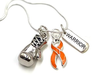 Orange Ribbon Boxing Glove Necklace - Leukemia, Kidney Cancer Survivor, Multiple Sclerosis, Prader-Willi, MS Awareness Gift - Fight Like a