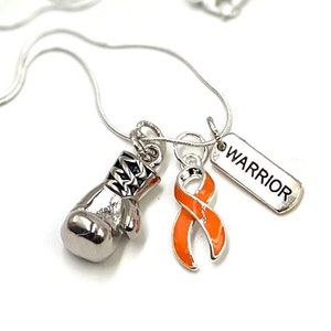 Orange Ribbon Boxing Glove Necklace - Leukemia, Kidney Cancer Survivor, Multiple Sclerosis, Prader-Willi, MS Awareness Gift - Fight Like a