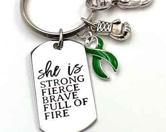 Pick Your Ribbon - She Is Strong Fierce Brave Full of Fire Keychain - Cancer / Chronic Invisible Illness Survivor Awareness, Chemo Hospital