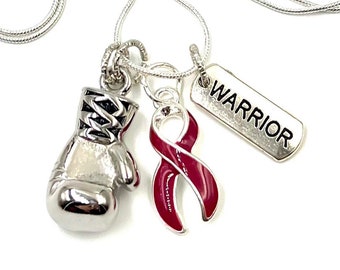 Burgundy Ribbon Boxing Glove Necklace - Multiple Myeloma Survivor, Sickle Cell Anemia, Sturge-Weber Syndrome, Brain Aneurysm Survivor Gift