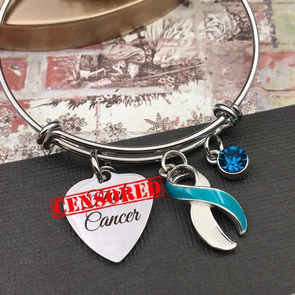 Fu** Cancer - Cervical Cancer Survivor Bracelet - Screw Cancer - Teal and White Ribbon