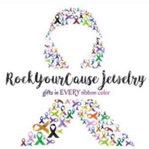 May include: A logo featuring a large awareness ribbon shape composed of many smaller ribbons in various colors. The text reads RockYourCause jewelry and gifts in EVERY ribbon color in a mix of black script and purple sans-serif fonts.
