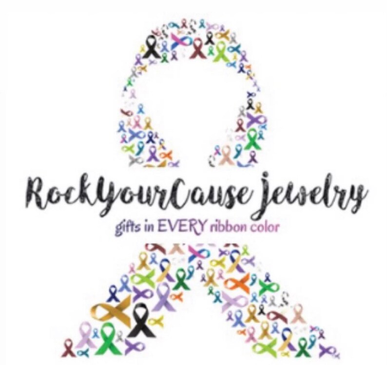 May include: A logo featuring a large awareness ribbon shape composed of many smaller ribbons in various colors. The text reads RockYourCause jewelry and gifts in EVERY ribbon color in a mix of black script and purple sans-serif fonts.