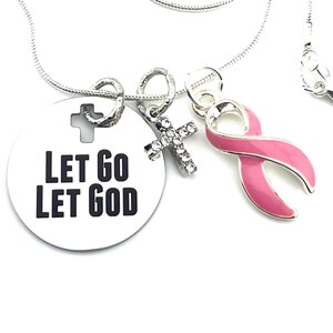 Pink Ribbon Necklace - Breast Cancer Survivor Gift - Mastectomy Lymphedema Chemo Gift - Let Go Let God / Encouragement Gift