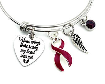 Memorial Charm Bracelet - Burgundy Ribbon Charm - Multiple Myeloma Cancer Survivor / Brain Aneurysm, Migraines, Thrombophilia, Gift