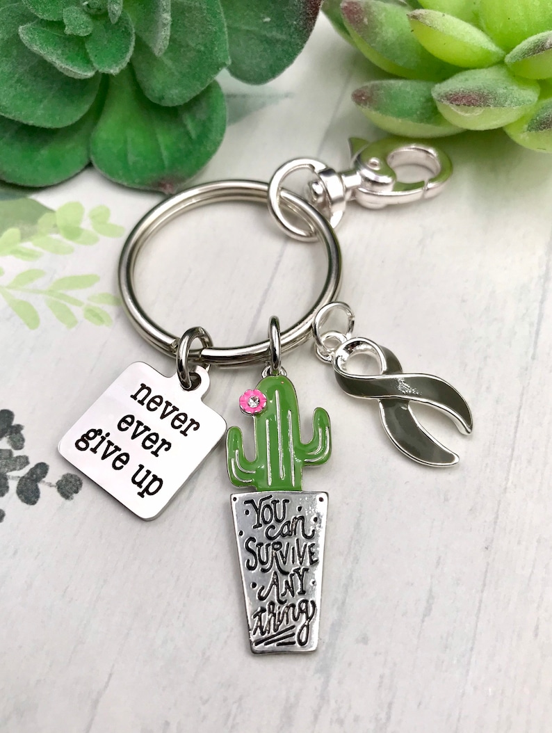 Brain Cancer Survivor Gray Grey Ribbon Cactus Type 1 or 2 Diabetes Awareness Gift Aphasia Brain Tumor Asthma Survivor Keychain