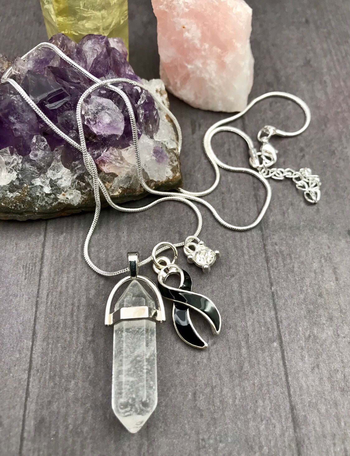 Health / Energy / Quartz Crystal Pendant - Black Ribbon Jewelry