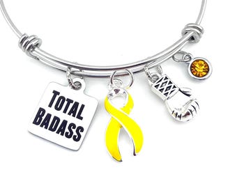 Yellow Ribbon Total Badass Charm Bracelet - Endometriosis, Ewing Sarcoma, Liver Cancer, Bladder Cancer, Spina Bifida Awareness, Osteosarcoma