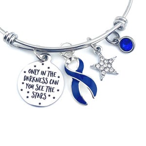 Dark / Navy Blue Ribbon Charm Bracelet - Only in Darkness Can We See The Stars / Cancer Survivor, Chronic Illness Awareness Gift