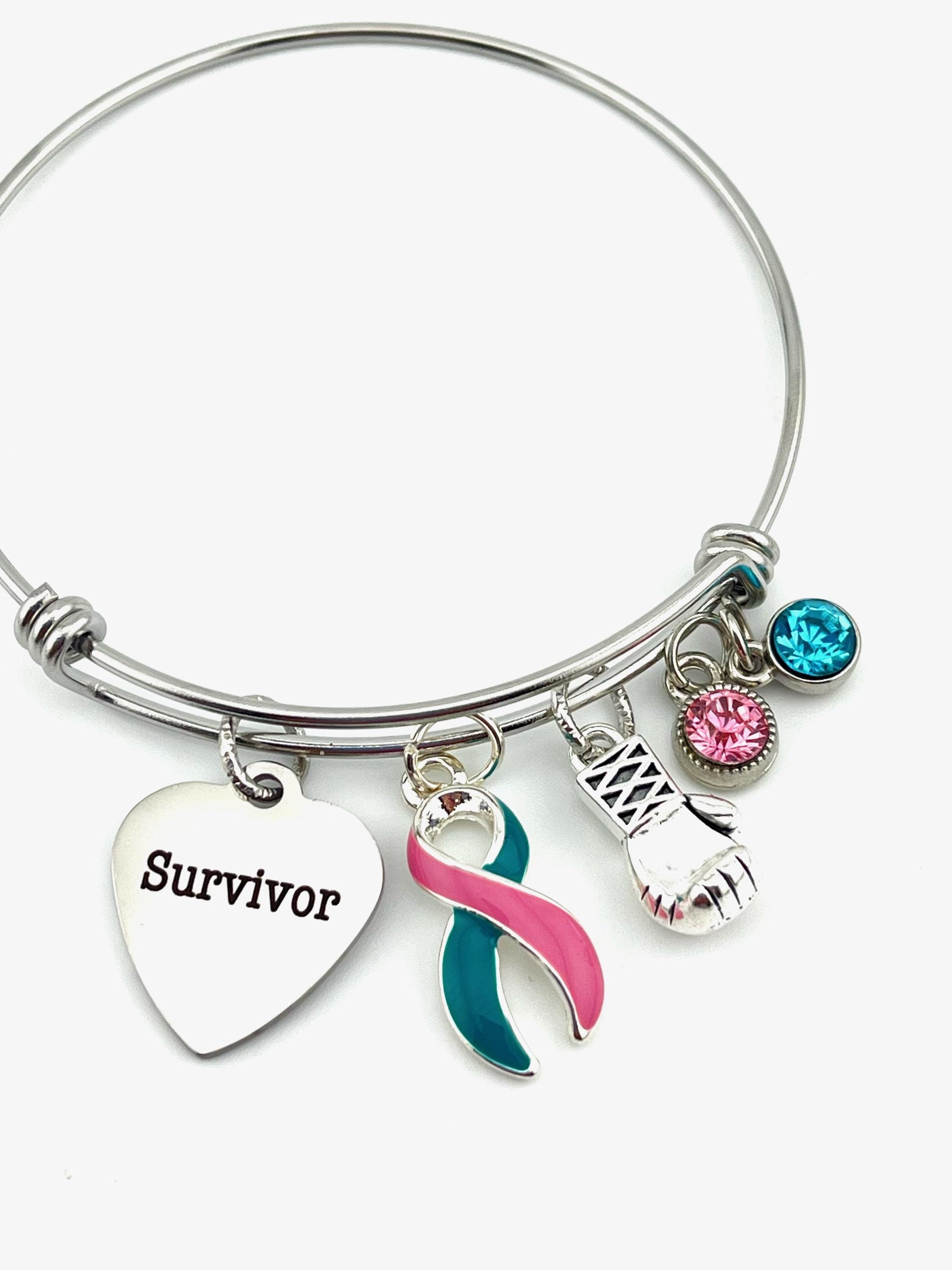 Previvor Survivor Charm Bracelet Pink and Teal Ribbon Previvor