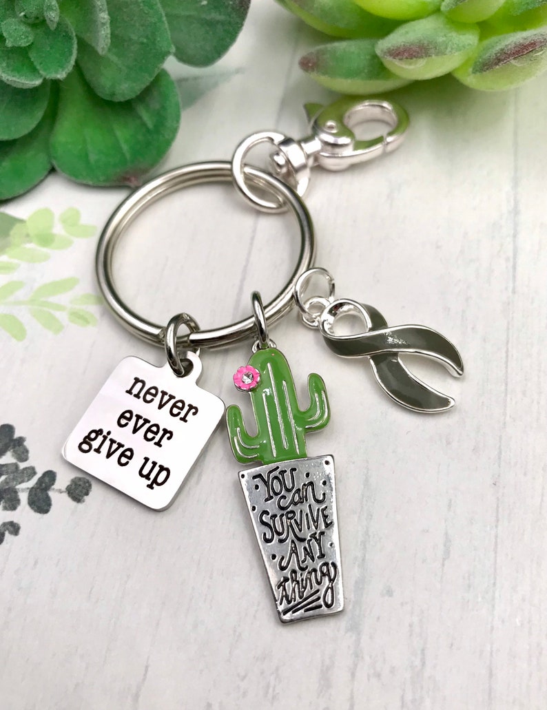 Brain Cancer Survivor Gray Grey Ribbon Cactus Type 1 or 2 Diabetes Awareness Gift Aphasia Brain Tumor Asthma Survivor Keychain