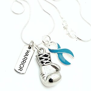 Teal Ribbon Boxing Glove Necklace - Ovarian Cancer, Myasthenia Gravis, PTSD, Trigeminal Neuralgia, PCOS - Warrior Gift