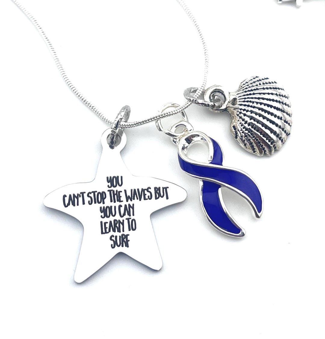 Navy Dark Blue Ribbon Necklace / Colon Colorectal Cancer, Crohn's ...