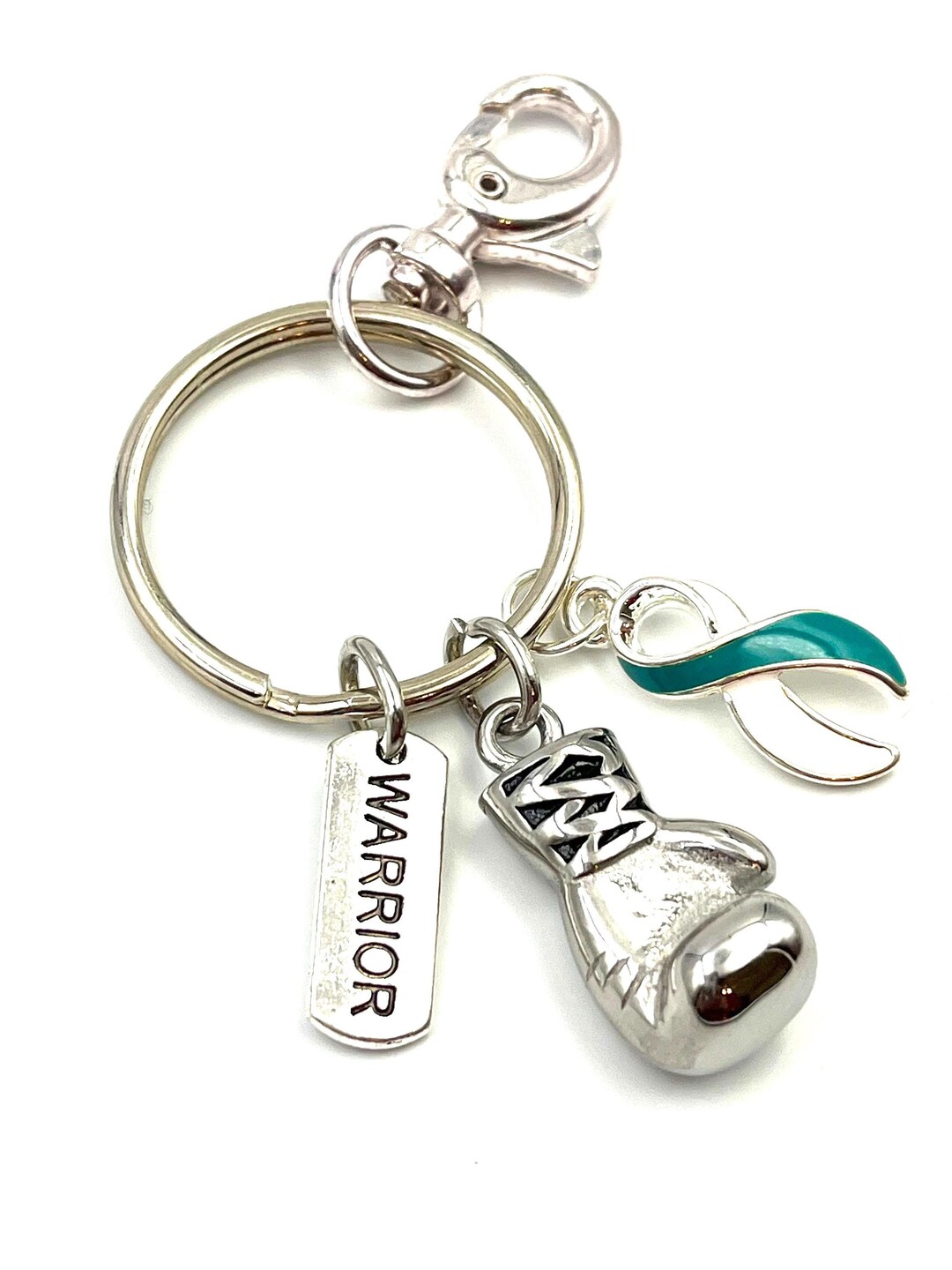 Teal and White Ribbon Keychain / Boxing Glove Warrior / Cervical Cancer ...