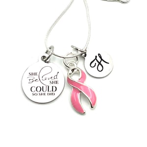 Breast Cancer Warrior Necklace - Pink Ribbon - She Believed She Could So She Did - Initial Necklace