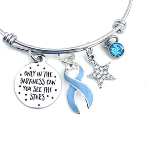 Puede incluir: Un brazalete de plata con un dije de cinta azul, un dije de estrella, un dije de cristal azul y un dije redondo con el texto "Only in the darkness can you see the stars".