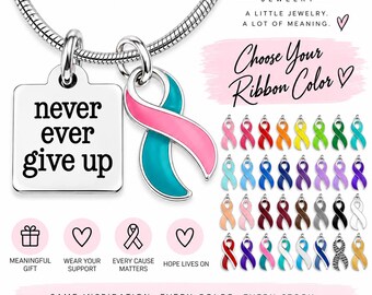 May include: A silver-toned necklace featuring a square pendant engraved with the text never ever give up and a second pendant shaped as a ribbon with pink and teal enamel. The image displays a chart of various ribbon colors and text.
