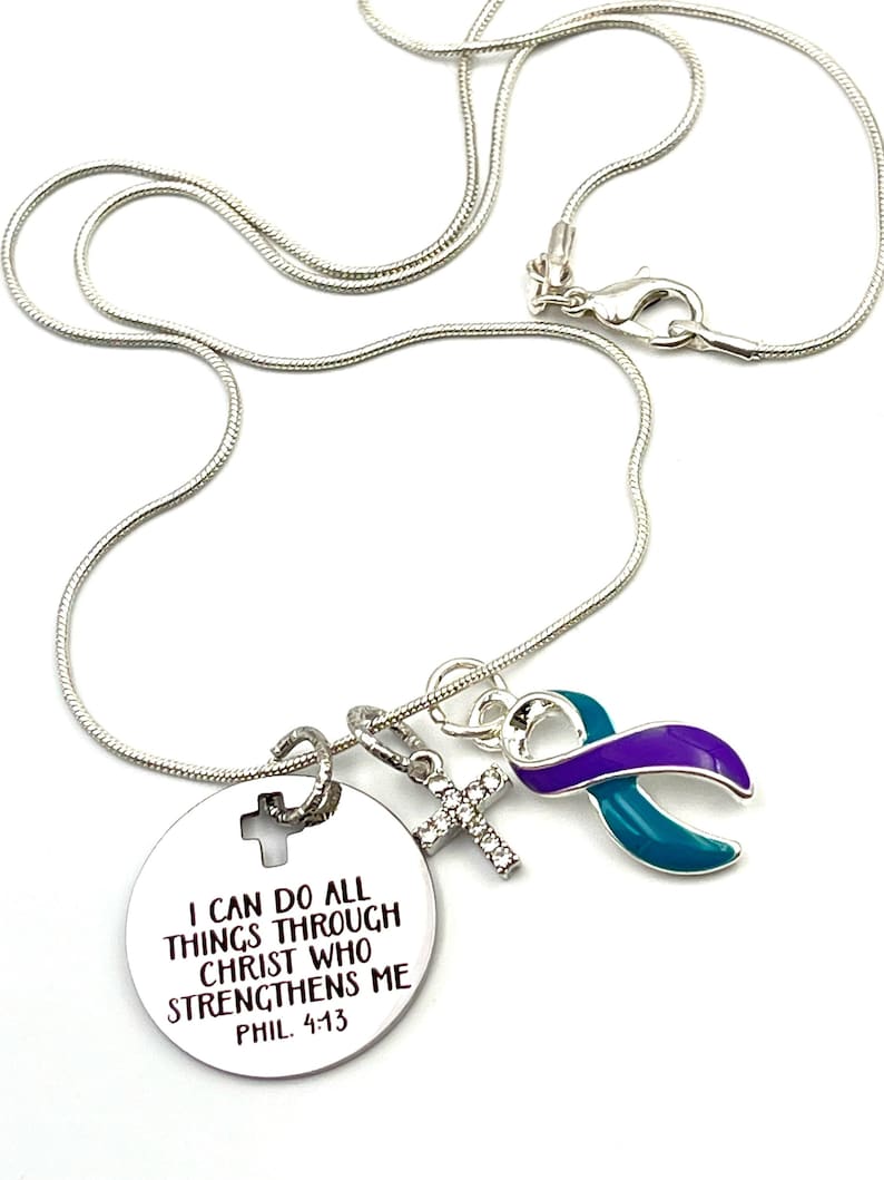 Teal and Purple Ribbon Charm Awareness Encouragament Necklace I Can Do