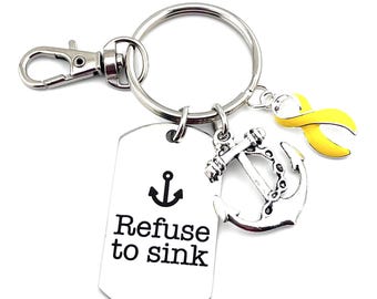 Yellow Ribbon Refuse to Sink Keychain - Adenosarcoma, Bladder Cancer, Endometriosis, Sarcoma, Liver Cancer, Spina Bifida, Osteosarcoma