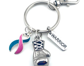 Previvor Boxing Glove Keychain -Pink and Teal Ribbon - Cancer Warrior Gift - Oophorectomy, Bilateral Mastectomy, Hysterectomy Surgery Gift