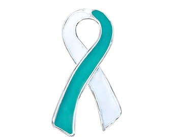 Teal and White Ribbon / Lapel Hat Pin / Cervical Cancer Survivor Awareness