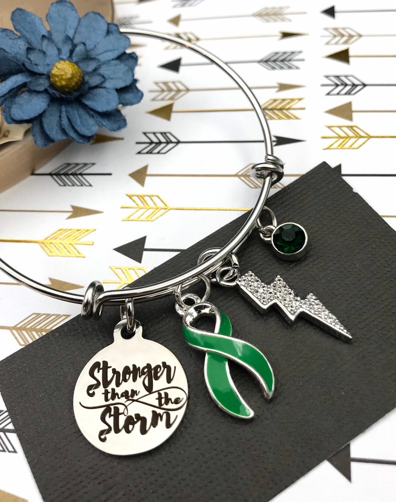 Green Ribbon Charm Bracelet / Adrenal Cancer, Cerebral Palsy, Mental Illness , Mitochondrial disease, Gastroparesis Stronger than Storm image 1