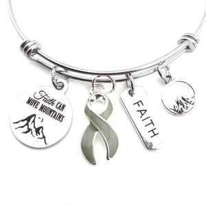 Gray Grey Ribbon Charm Bracelet - Aphasia, Brain Cancer Survivor, Brain Tumors, Type 1 2 Diabetes Awareness Gift - Faith Can Move Mountains