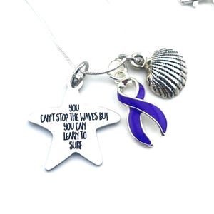 You Can&#39;t Stop The Waves / Learn to Surf - Purple Ribbon Awareness / Survivor Necklace