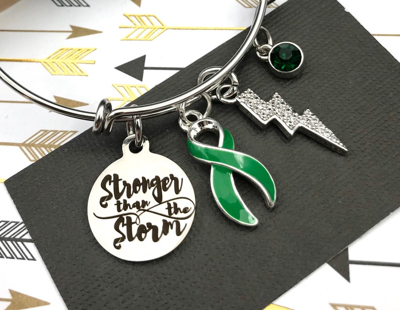 Green Ribbon Charm Bracelet / Adrenal Cancer, Cerebral Palsy, Mental Illness , Mitochondrial disease, Gastroparesis Stronger than Storm image 2