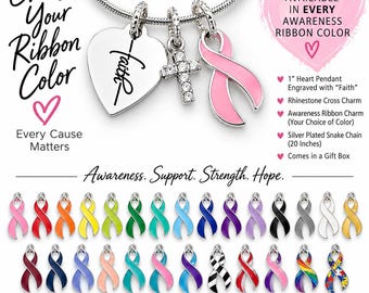 May include: A silver-plated 20-inch snake chain necklace featuring three charms: a 1-inch heart pendant engraved with the word faith, a rhinestone-encrusted cross, and a pink awareness ribbon. Multiple colored ribbon charms are displayed below.