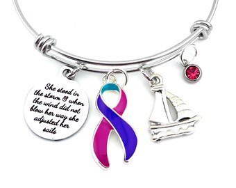 She Stood in the Storm / Adjusted her Sails - Thyroid Cancer Awareness Bracelet / Pink, Purple and Teal Ribbon