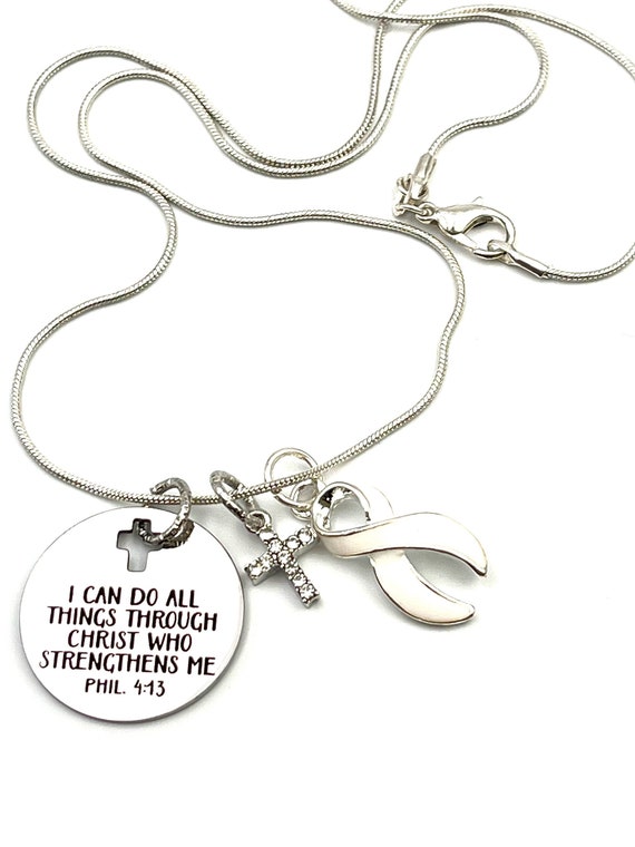 White Ribbon Charm Necklace Lung Cancer Small Cell Carcinoma Postpartum Depression Cancerversary I Can Do All Things Through Christ Etsy Canada